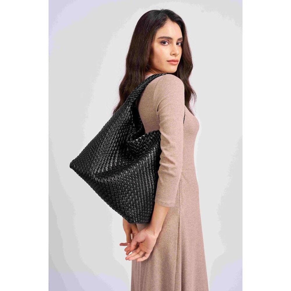 Women's Black Large Tote Bag Weave Purse Woven Pu Leather Handbag - Picture 2 of 6